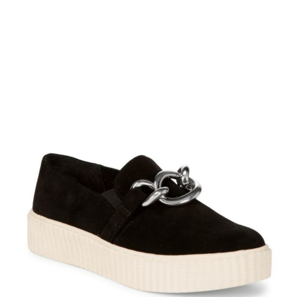 Splendid Black Suede High Sole Shoes With Silver Tone Chain